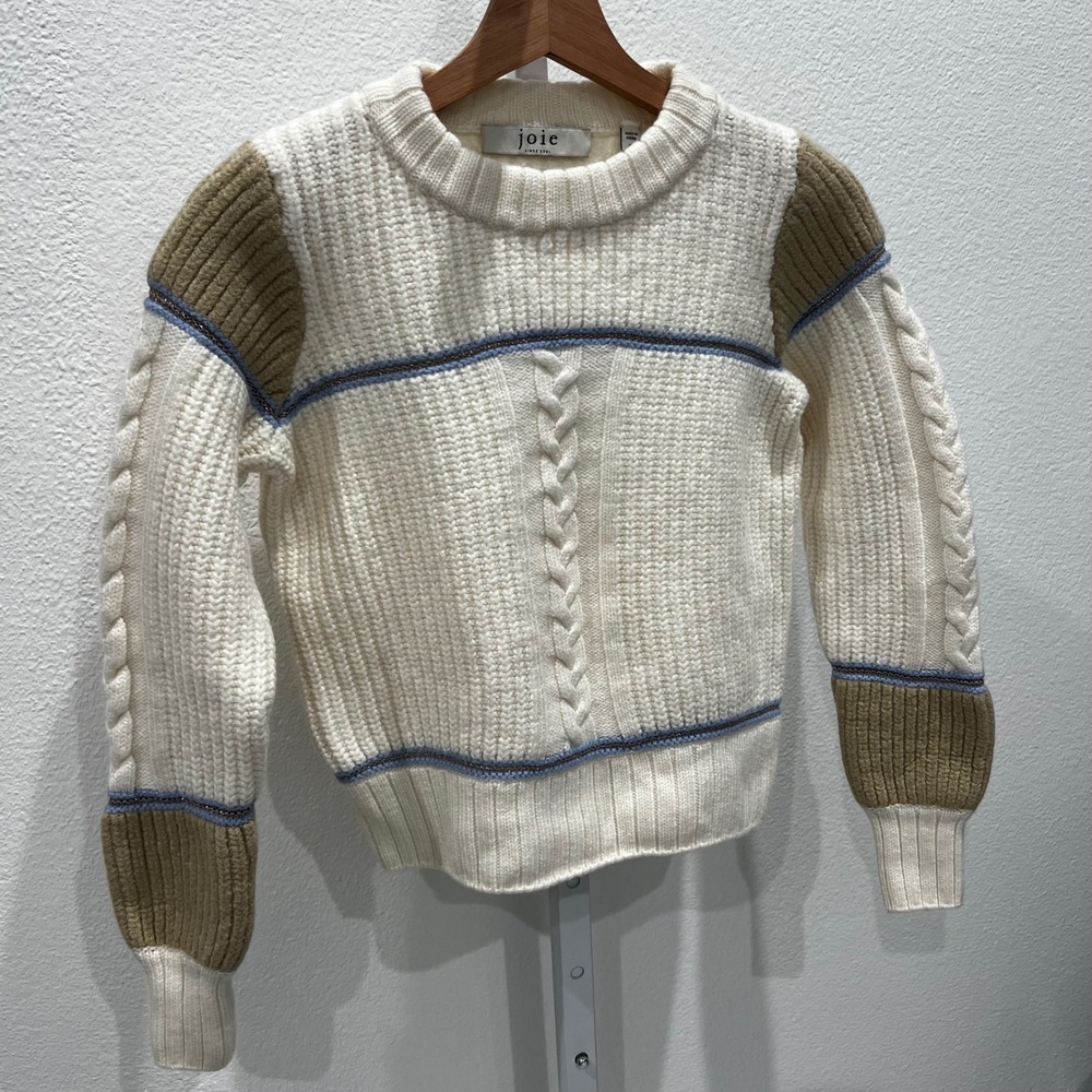 Joie Ivor Colorblock Chunky Cable Knit Wool Sweater Womens XS Cream Old Money - Picture 15 of 15